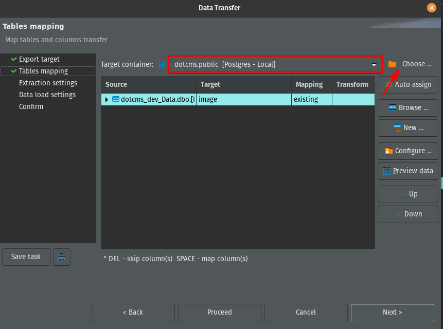 DBeaver Data Transfer: select Postgres as target.