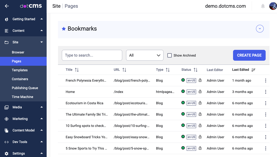 Overview of the Pages menu.