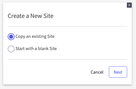 Dialog offers choice between copying a site or creating a blank site.