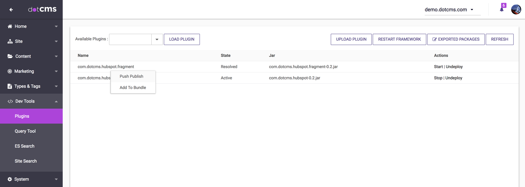 Push Publish options for Dynamic Plugins